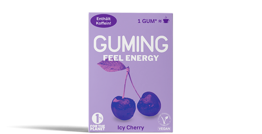 GUMING Energy Koffein Kaugummi mit Guarana und Vitaminen Verpackung in Geschmacksrichtung Kirsche Icy Cherry