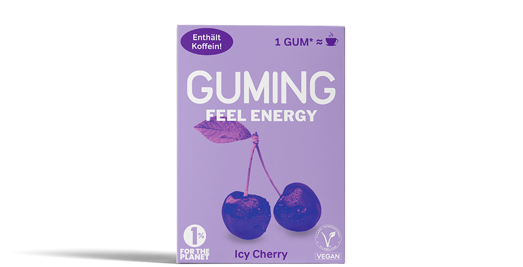 GUMING Energy Koffein Kaugummi mit Guarana und Vitaminen Verpackung in Geschmacksrichtung Kirsche Icy Cherry